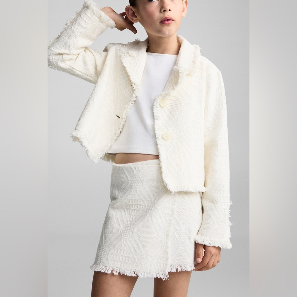 Mango Fringe Boucle Textured Fringe Jacket & Skirt Set